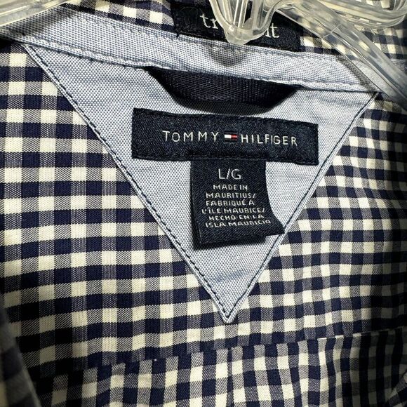 Tommy Hilfiger Button Up Trim Fit Plaid Shirt Dark Navy Casual Top Men sz Large - Picture 5 of 7